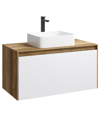 Подвесная тумба 100 см с двумя ящиками: основной и внутренний, скрытый за фасадом. Цвет дуб балтийский/белый; с умывальником MOB0110DB+MOB0710W