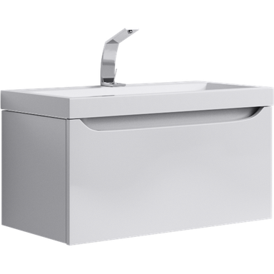 Подвесная тумба в цвете белый глянец с одним выдвижным ящиком и полкой, скрытой за фасадом, с умывальником из литьевого мрамора Ver.01.08/W