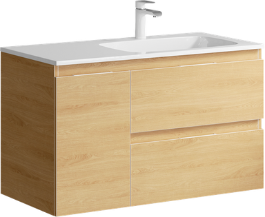 Подвесная тумба с двумя ящиками и одной дверью в цвете дуб золотой с умывальником из литьевого мрамора (чаша справа) ACC0109RDZ