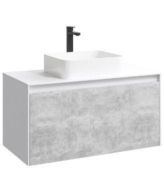 Подвесная тумба 100 см с двумя ящиками: основной и внутренний, скрытый за фасадом. Цвет белый/бетон светлый; с умывальником MOB0110W+MOB0710BS