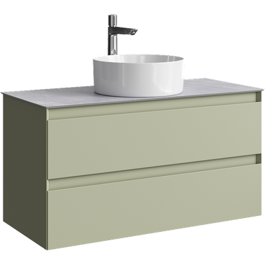 Подвесная тумба с двумя ящиком 100 см, цвет зеленый шалфей со столешницей серый камень и наставным умывальником  GE01102SH+STG1014X456GS