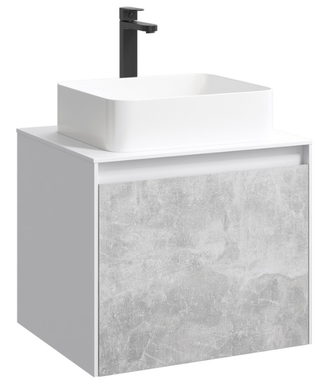 Подвесная тумба 60 см с двумя ящиками: основной и внутренний, скрытый за фасадом. Цвет белый/бетон светлый; с умывальником MOB0106W+MOB0706BS