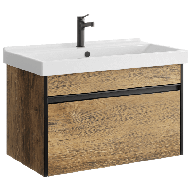 Подвесная тумба 80 см с одним ящиком в цвете дуб балтийский, с умывальником URB0108DB