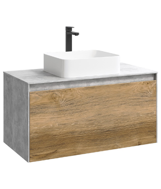 Подвесная тумба 100 см с двумя ящиками: основной и внутренний, скрытый за фасадом. Цвет бетон светлый/дуб балтийский; с умывальником MOB0110BS+MOB0710DB