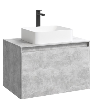 Подвесная тумба 80 см с двумя ящиками: основной и внутренний, скрытый за фасадом. Цвет бетон светлый; с умывальником MOB0108BS+MOB0708BS